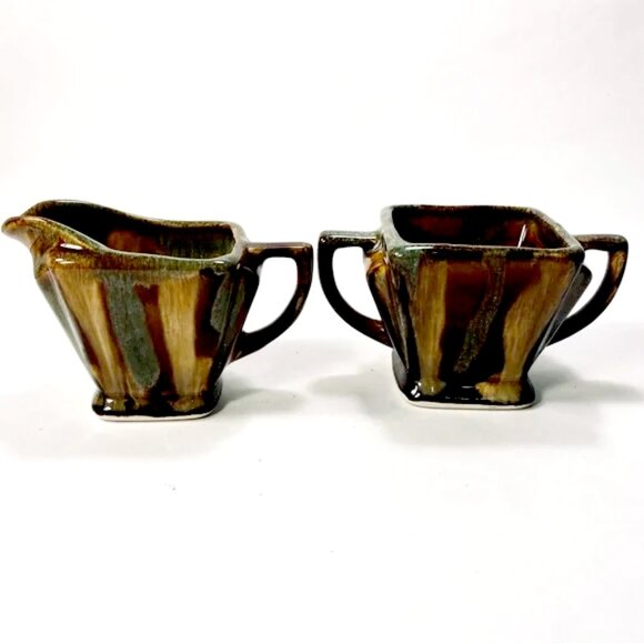 Vintage Dryden Pottery Creamer & Sugar Bowl Set Orange Brown Drip Glaze Signed - Picture 1 of 13